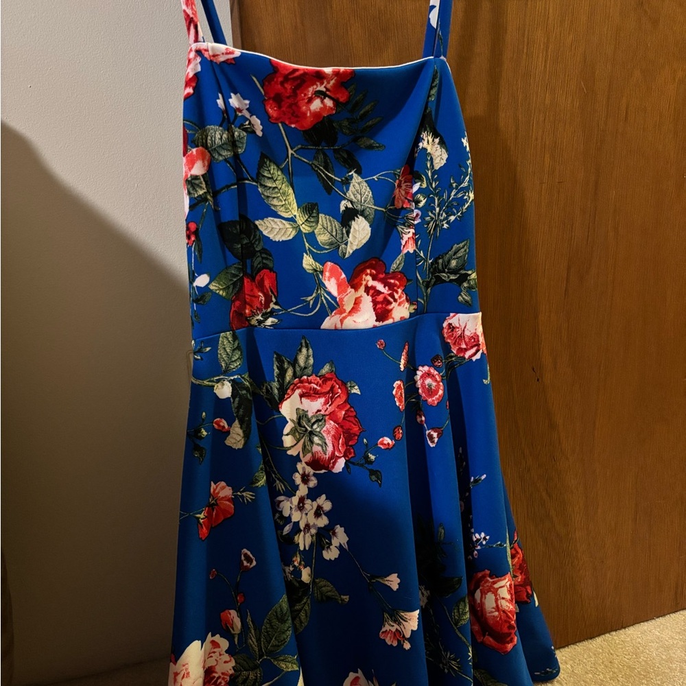 Women’s Soprano Blue Dress with Red Floral Design Size Medium